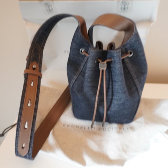 Brunello Cucinelli Denim Duo Bucket Bag with Leather Coin New Tag Sleeper $3,300 - Picture 8 of 13